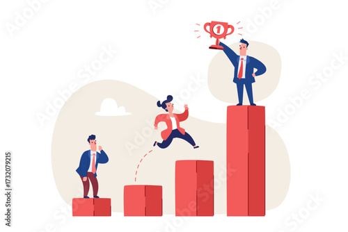 businessman winning trophy on highest bar chart standing above competitors