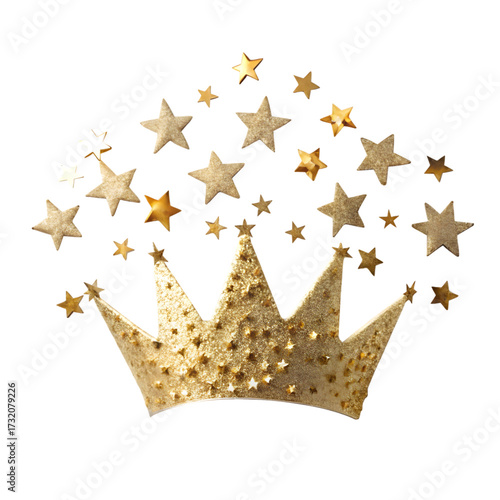 Golden crown with scattered stars isolated on transparent background