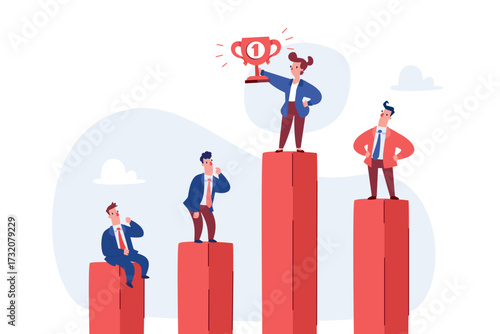 businesswoman holding trophy on top bar chart standing higher than competitors