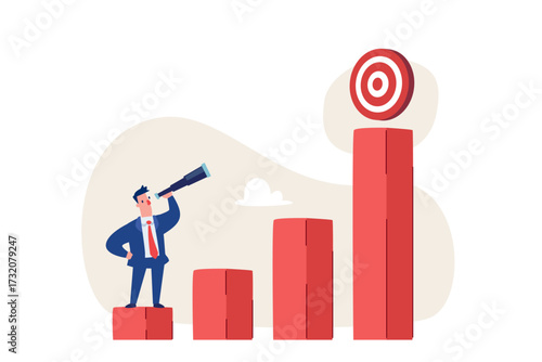 businessman with telescope looking at target on highest bar chart