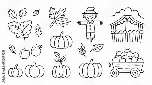 Celebrate Autumn with this delightful doodle collection of pumpkins, leaves, apples, and a friendly scarecrow for seasonal designs and creative projects