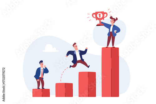 businesswoman winning trophy on highest bar chart standing above competitors