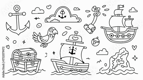 Embark on a whimsical pirate adventure with this charming collection of seafaring icons, perfect for creative projects.