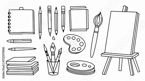 Inspiring art supplies collection including sketchbook pencils brushes paints palette and easel for creative projects and artistic endeavors