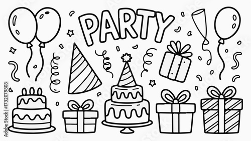 Joyful celebration elements including festive balloons, gift boxes, confetti, and tiered cakes, perfect for invitations and decorations