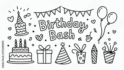 Celebrate with festive birthday bash elements including cakes gifts balloons and party hats perfect for invitations decorations and cards