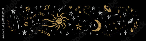 Hand drawn crayon night sky outer space background. Sun, moon, shooting stars, comets golden pastel drawing. Celestial zodiac, yoga, astrology pencil handdrawn design. Solar system planets