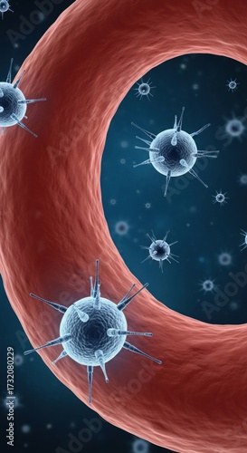 Viruses attacking a blood vessel, microscopic view of infection and immune response.