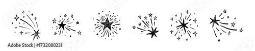 Set of hand drawn crayon grunge stars. Line drawing with paint brush texture. Kids chalk sketch on the blackboard. Pastel, pencil, charcoal scribbles. Outer space, comet, falling shooting star symbol