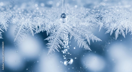 Close up of delicate frost patterns on a branch with water droplets.