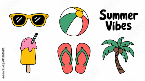 Bright yellow sunglasses, colorful beach ball, tasty popsicle, flip flops, and a tropical palm tree create happy summer vibes