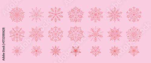 Set of pink girly snow flake icons. Filigree whimsical hand drawn vector illustration in coquette style. Big collection of different cute victorian lace snowflakes. Merry Christmas and Happy New Year