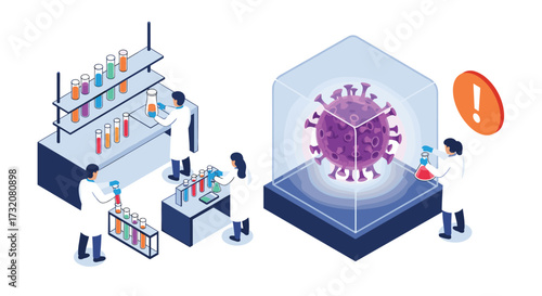 Scientists in laboratory conduct research on a 3d model of coronavirus particles.
