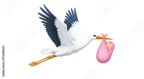Isolated Flying stork with a pink bundle baby in its beak, child delivery sign, new arrival