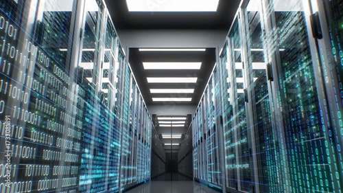 Server Room in Modern Data Center with Abstract Metadata Seamless Illustration. Cloud Computing Data Storage. Moving Through the Working Rack Servers Complex Calculations Looped 3d animation 4k.