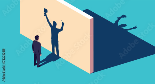 A businessman sees a triumphant shadow self on the wall. 