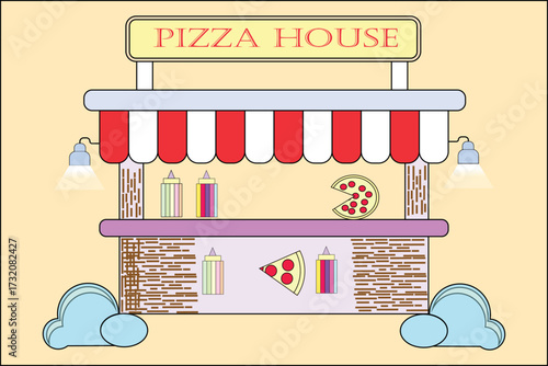 A colorful cartoon illustration of a pizza stand with the words pizza house on top, featuring a slice of pizza and drinks, set against a light yellow background