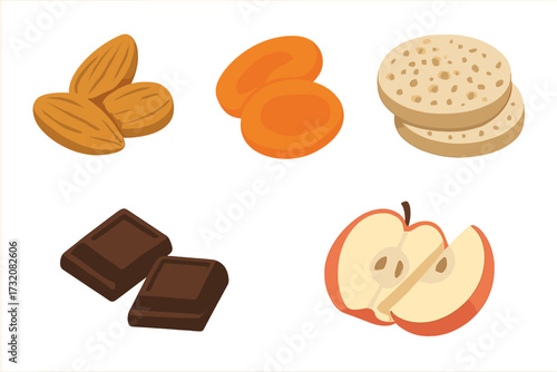 Variety of common snack foods including almonds, dried apricots, crumpets, chocolate pieces, and apple slices