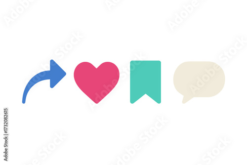 Modern social media interaction icons with share, like, save, and comment symbols for digital platforms