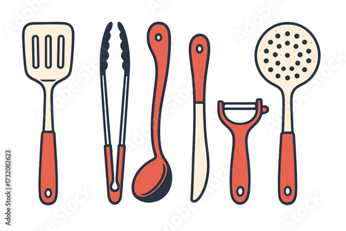 Assortment of essential kitchen cooking utensils and culinary tools for food preparation and serving