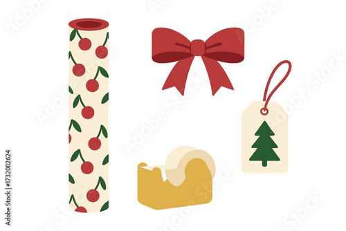 Christmas gift wrapping essentials with festive bow, patterned paper, and holiday tag arranged for holiday season preparation