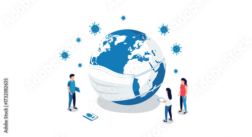Global health crisis concept with people observing earth wearing a mask and virus particles.