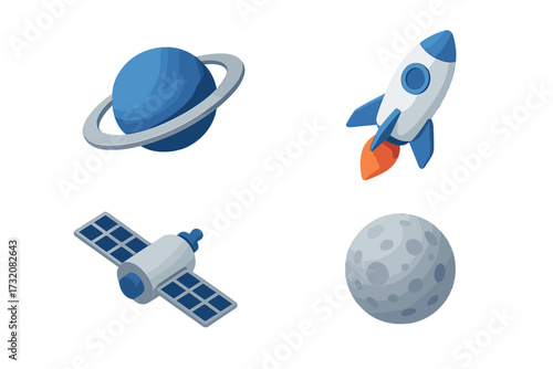 Astronomy and space travel objects including a ringed planet, a launching rocket, an orbiting satellite, and the moon