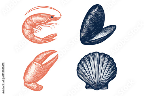 Assortment of fresh seafood items including shrimp, mussel, crab claw, and scallop shell in a vintage engraved style
