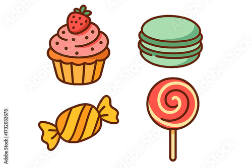 Delicious sweet treats including a strawberry cupcake, green macarons, wrapped candy, and a swirl lollipop