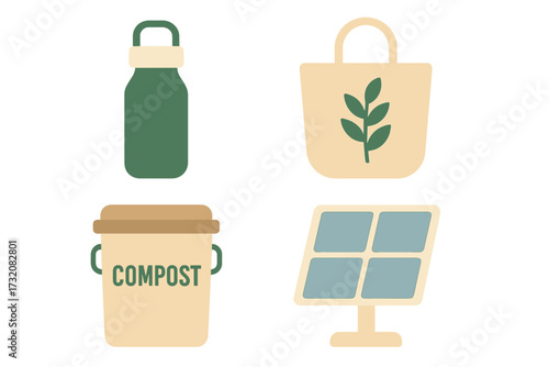 Sustainable living icons with reusable water bottle, fabric shopping bag, compost container, and solar energy panel