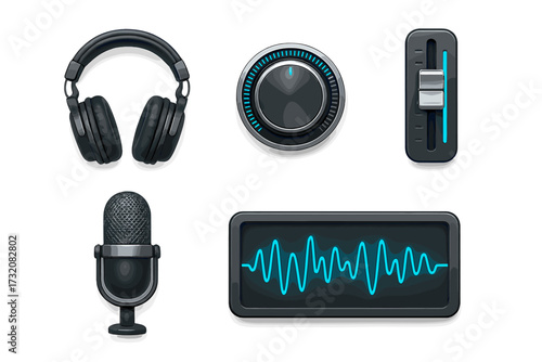 Professional audio equipment set with headphones, microphone, sound wave, volume knob, and equalizer slider