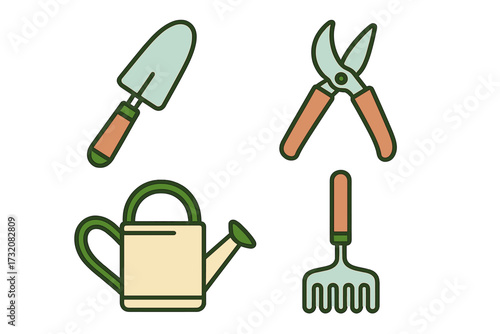 Collection of essential gardening tools including a trowel, pruning shears, watering can, and hand rake for horticulture
