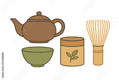 Traditional Japanese tea ceremony set with teapot, matcha bowl, tea container, and bamboo whisk