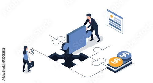 Teamwork assembling a complex puzzle to achieve financial success and business growth.