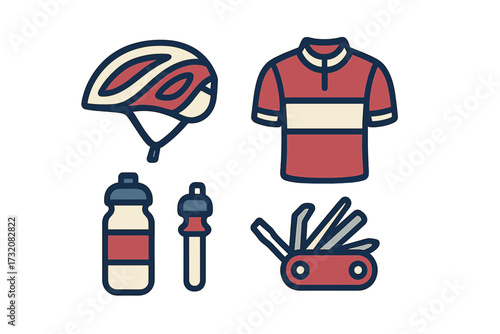 Set of bicycle accessories and equipment for outdoor sports, including helmet, jersey, water bottle, and repair tool