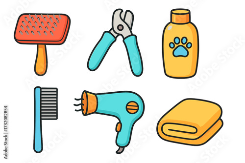 Essential pet grooming tools and supplies for animal care, including brush, clippers, shampoo, and comb