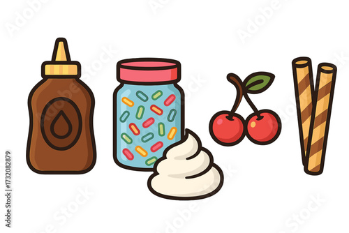 Assortment of sweet dessert toppings including chocolate syrup, colorful sprinkles, whipped cream, fresh cherries, and crispy wafer rolls