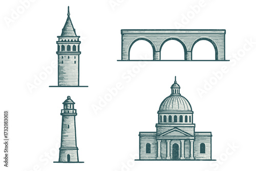 Iconic historical architectural structures: tall tower, arched aqueduct, classic lighthouse, majestic domed building