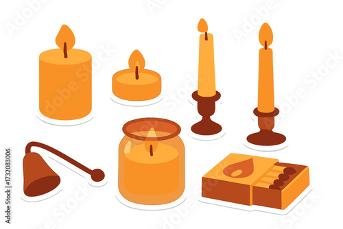 Various types of lit candles, candle holders, snuffer, and matchbox set for ambiance and home decoration