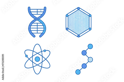 Blue scientific symbols featuring DNA double helix, atomic model, and molecular chain structures