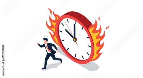 A frantic businessman races against a giant clock on fire symbolizing extreme time pressure.
