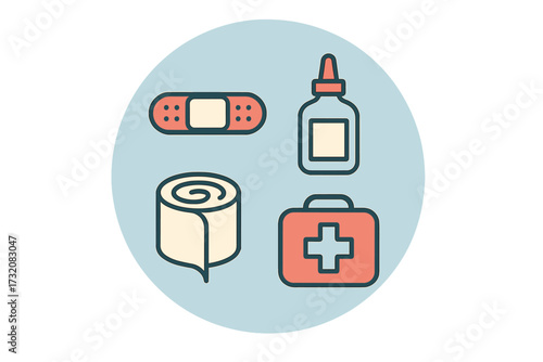 Essential medical supplies and first aid kit for health and emergency care services and treatment