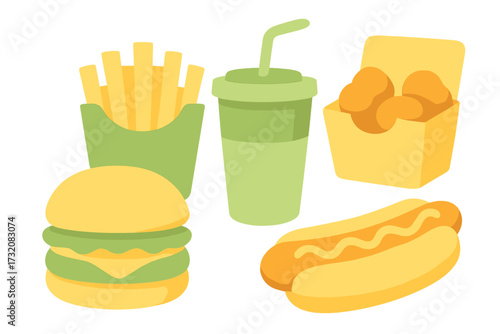 Delicious fast food meal set with hamburger, crispy french fries, refreshing drink, chicken nuggets, and hot dog
