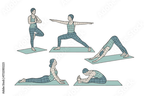 Diverse collection of women performing various yoga poses on mats for fitness, balance, and a healthy lifestyle