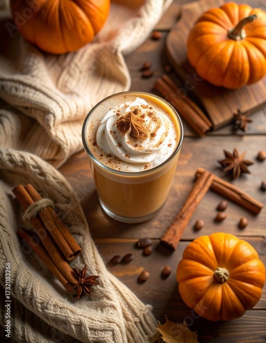 Cozy Autumn Pumpkin Spice Latte on Rustic Countertop – Warm Fall Coffee Drink Photography