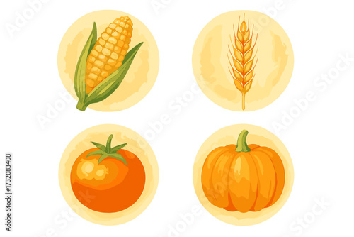 Fresh autumn harvest vegetables and grains including corn, wheat, tomato, and pumpkin for seasonal themes