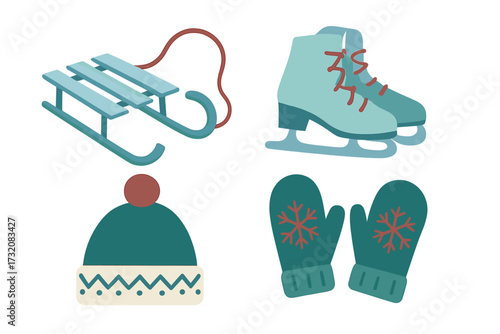 Collection of winter sports and cold weather accessories including a sled, ice skates, a warm hat, and cozy mittens