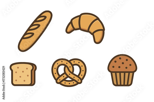 Delicious assortment of freshly baked goods including baguette, croissant, sliced bread, pretzel, and muffin for breakfast or snack