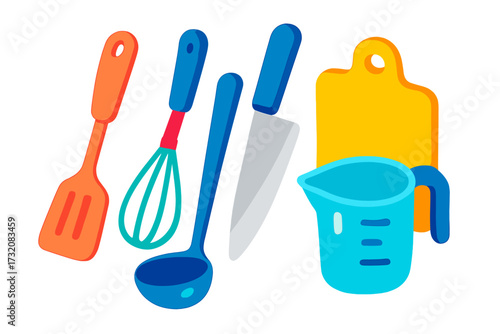 Vibrant collection of kitchen utensils and cooking tools including spatula, whisk, ladle, knife, cutting board, and measuring cup