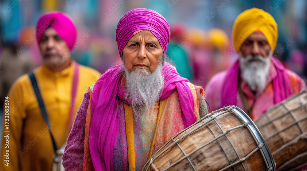 Fototapeta premium Elderly Sikh man in vibrant pink turban playing traditional dhol drum during Guru Nanak Jayanti festival street procession